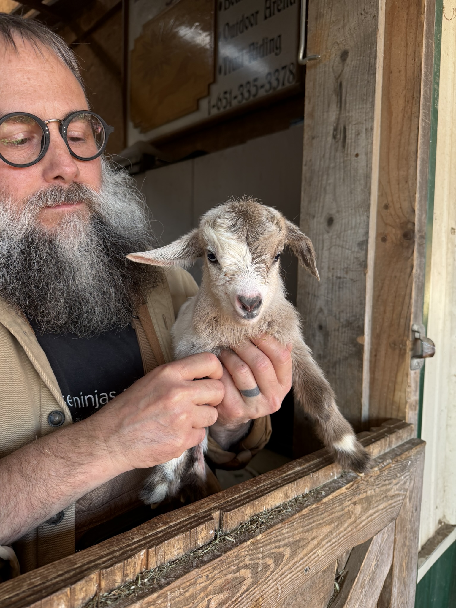 man with glasses holding a newborn goat that is white with tan markings and blue eyes