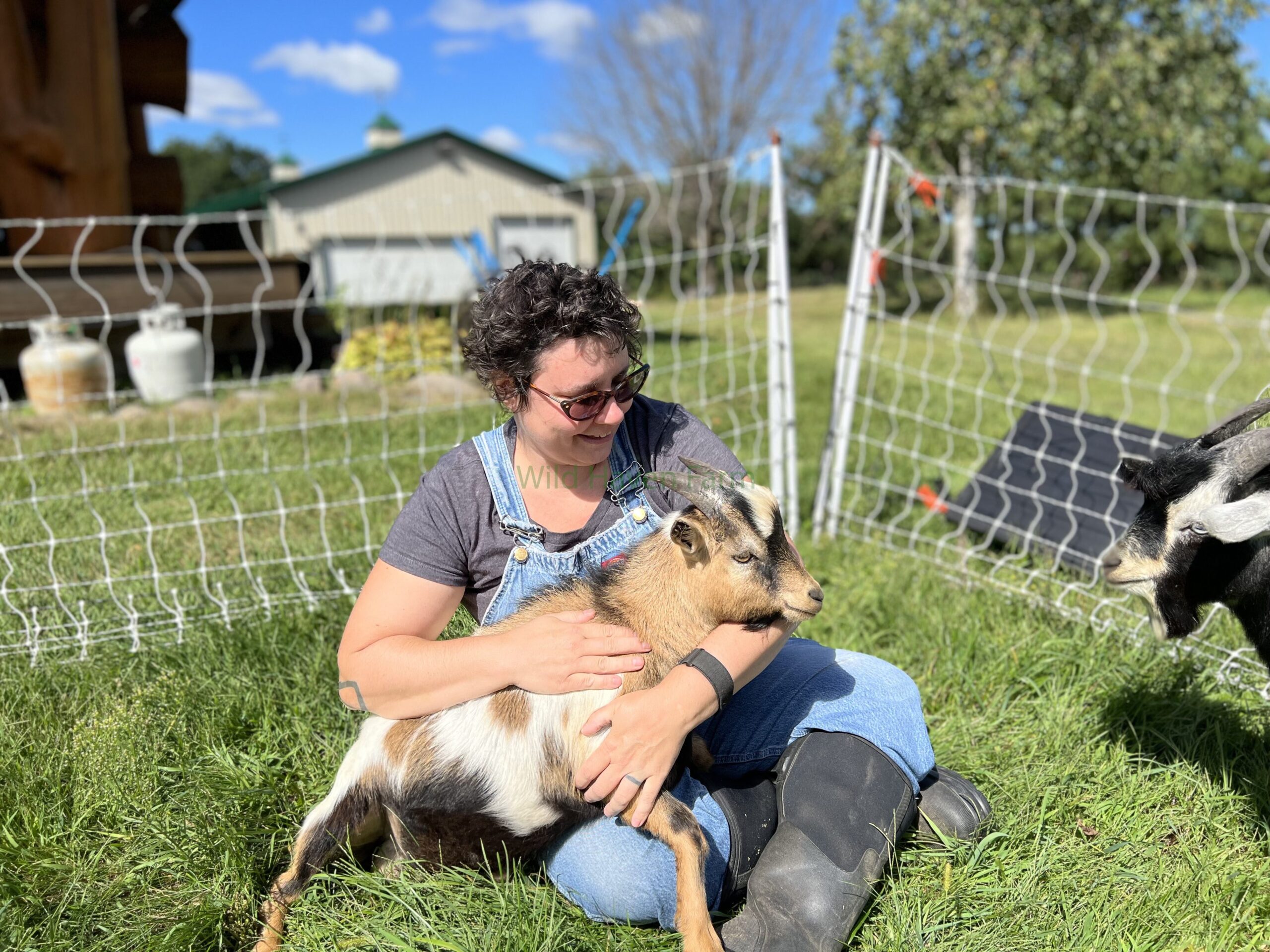 Woman and Goat sitting on grass at Wild Haven Farm