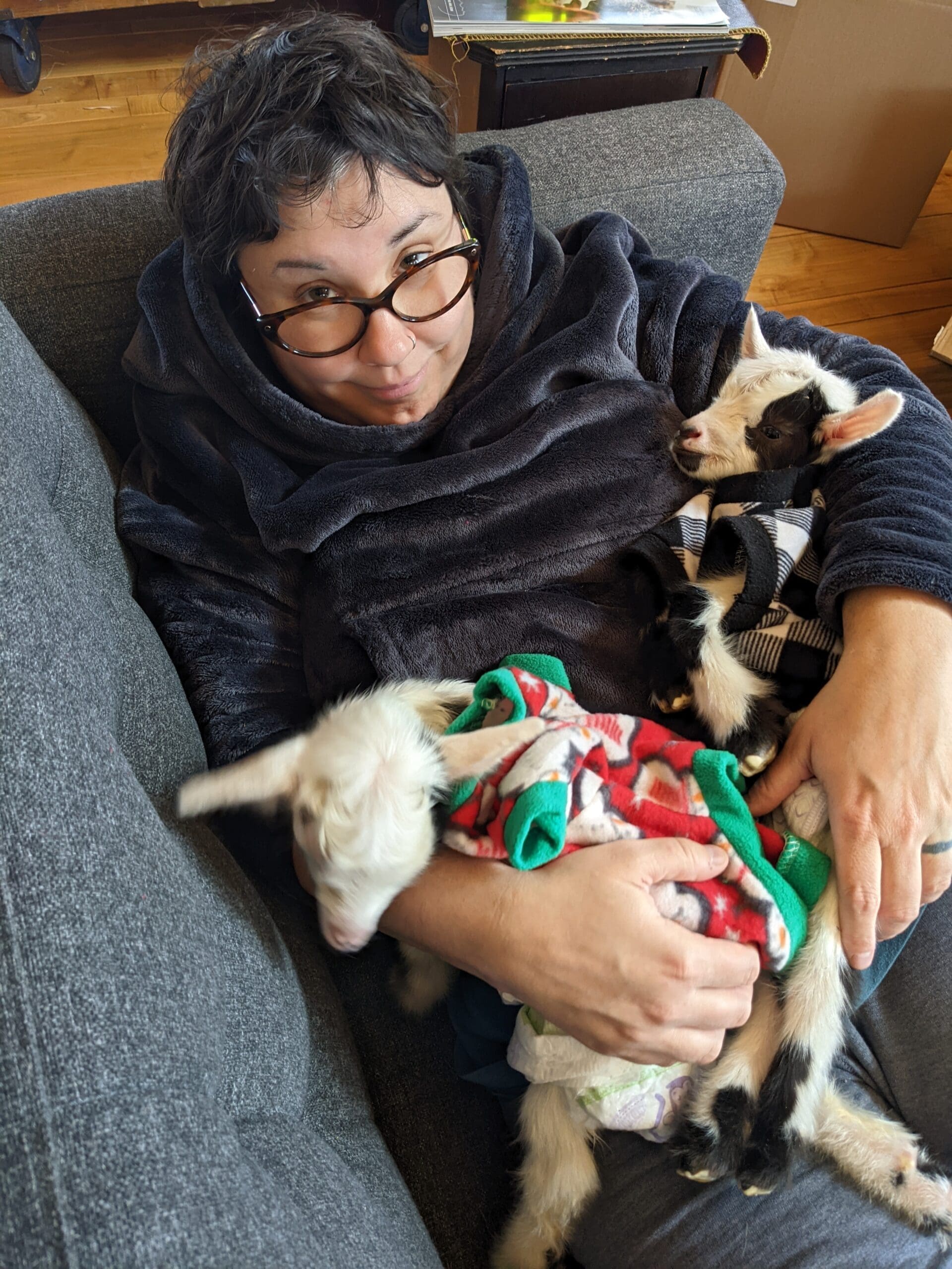 Woman sitting on couch holding two baby goats in sweaters